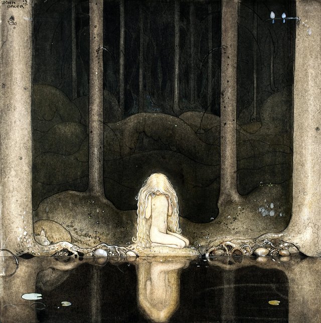 Tuvstarr is still sitting there wistfully looking into the water by John Bauer