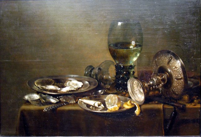 Still Life with Oysters, a Silver Tazza, and Glassware by Willem Claesz. Heda