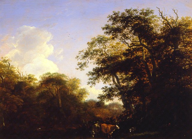 Forest view with cattle by a mud-flat by Cornelis Vroom