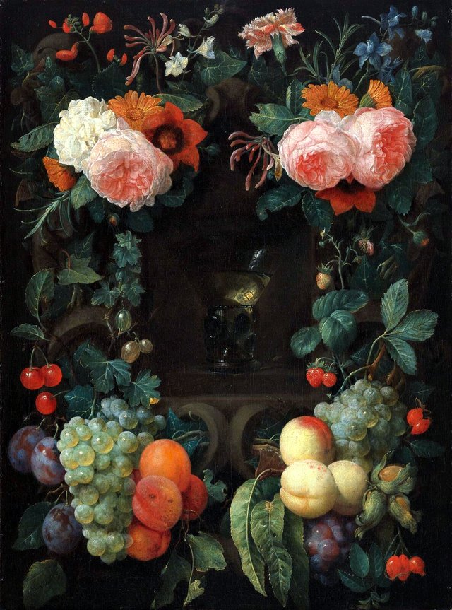 Niche with rummer wine, surrounded by flowers and fruit by Joris van Son