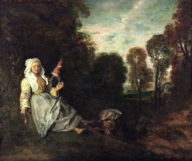 Evening landscape with spinner by Jean-Antoine Watteau