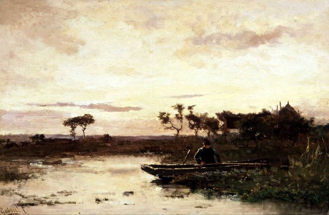 Polderlandscape with fisherman by Paul Joseph Constantin Gabriël