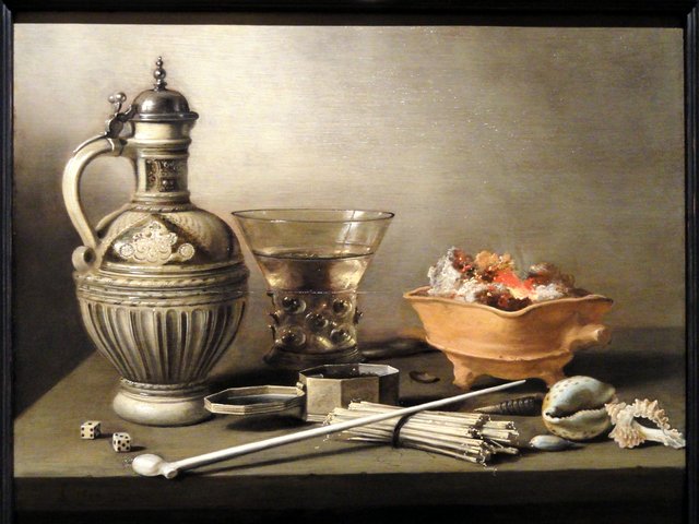Still Life with a Stoneware Jug, Berkemeyer and Smoking Utensils by Pieter Claesz