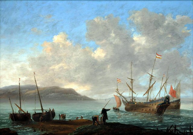 Bay with sailing ships by Reinier Nooms