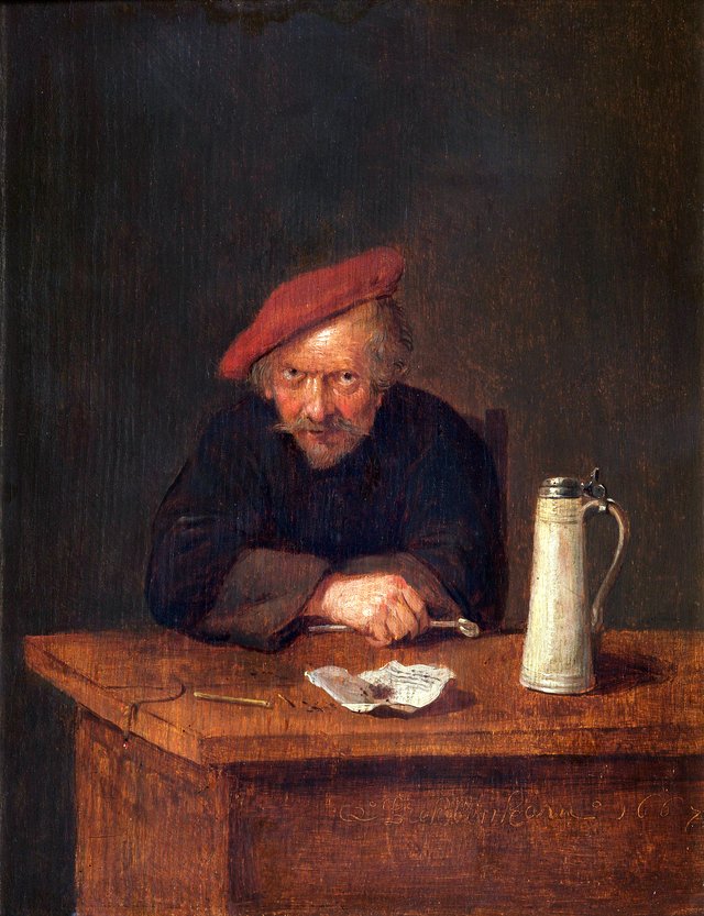 Man at a table with a pie and a tankard by Quirijn van Brekelenkam