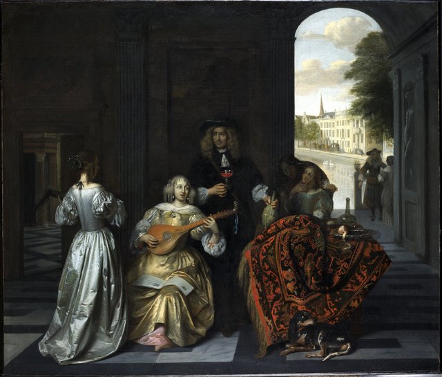 Musical company in a distinguished interior by Pieter de Hooch