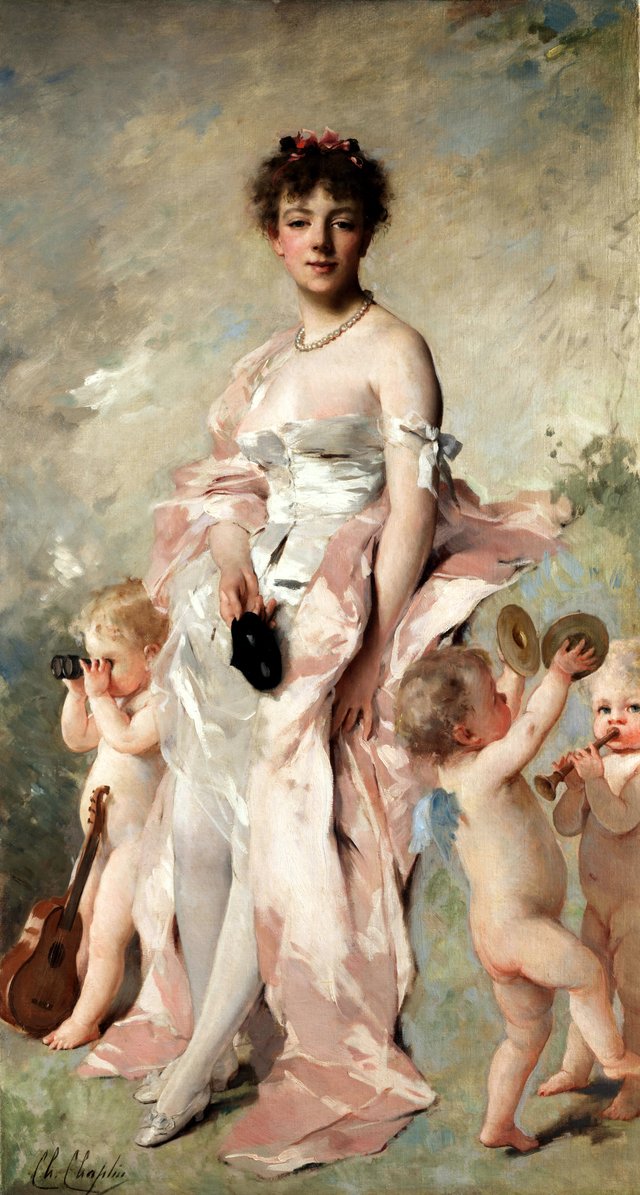 Junge Frau im Ballkleid mit Putten by Charles Joshua Chaplin