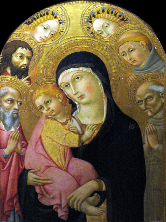 Madonna and Child with Saints Jerome, Bernardino, John the Baptist, and Anthony of Padua and Two Angels by Sano di Pietro