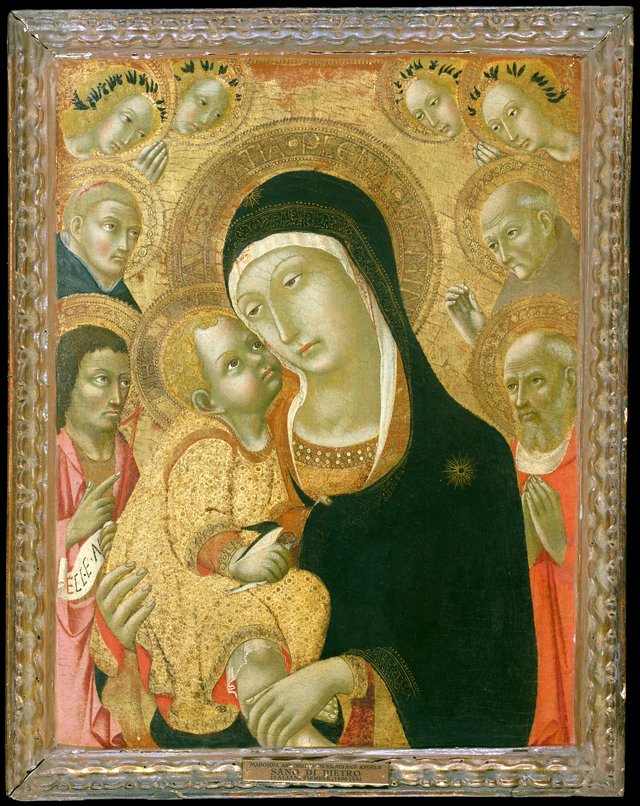 Madonna and Child with Saints John the Baptist, Jerome, Peter Martyr, and Bernardino and Four Angels by Sano di Pietro