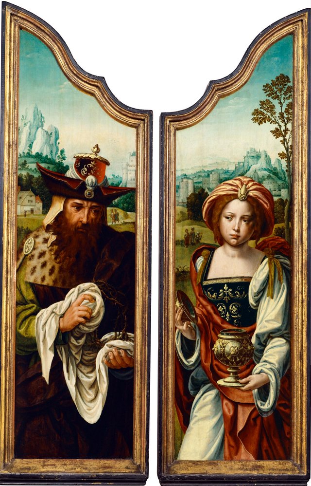 Side panels from a triptych: Joseph of Arimathea (left panel) and Mary Magdalen (right panel) by Pieter Coecke van Aelst