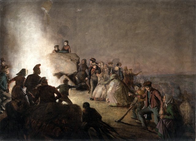 St. John's Eve. Farmers who have awakened from sleep on a mound, dance around the fire by Jørgen Sonne