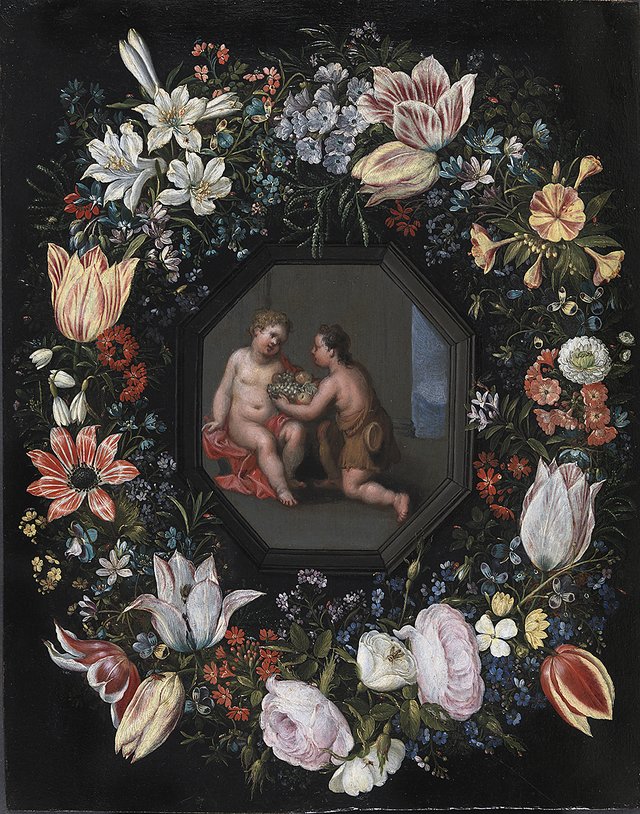 Blomsterkrans med Jesus og Johannes by Hendrick van Balen the Elder