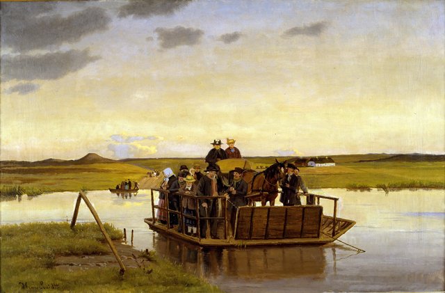 En færge over Gudenåen by Hans Smidth