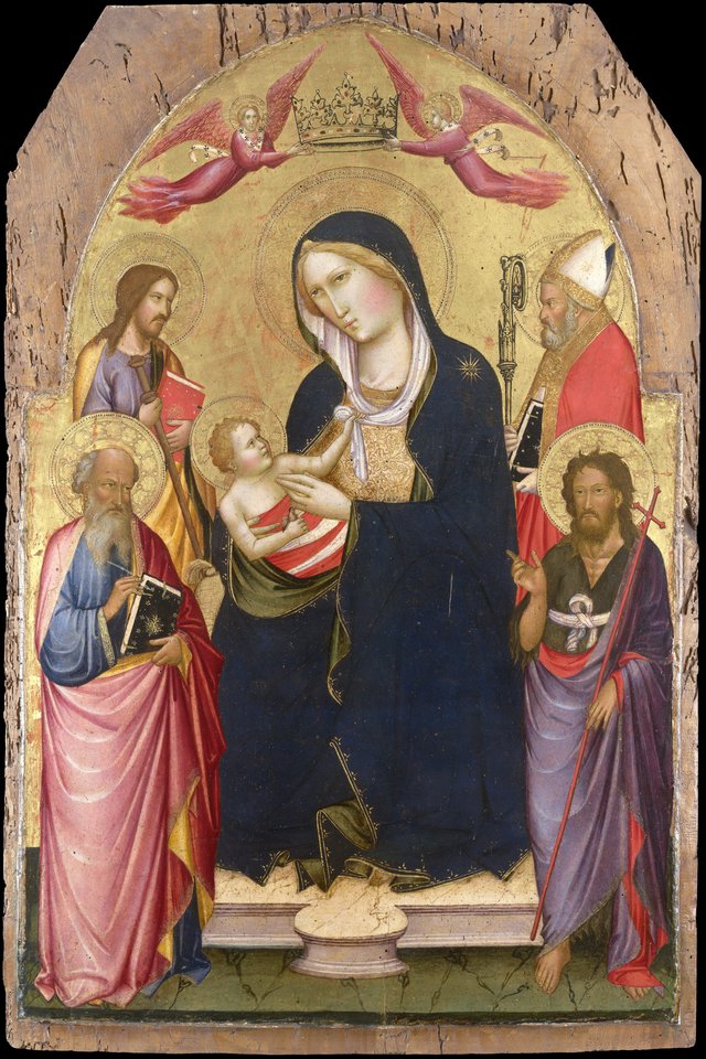 Madonna and Child with SS. John the Evangelist,John the Baptist, James of Compostela and Nicholas of Bari by Agnolo Gaddi