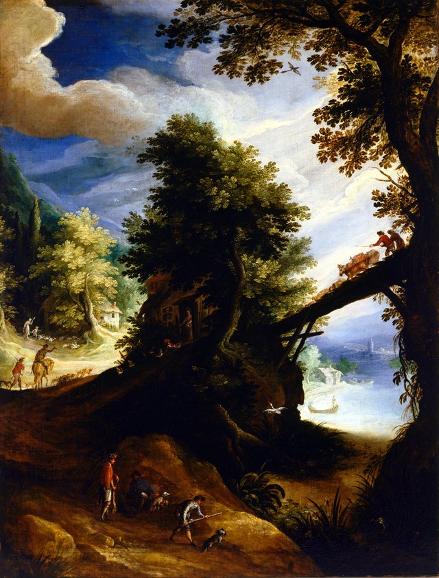 A wooded landscape with a bridge and sportsmen at the edge of the river by Paul Bril
