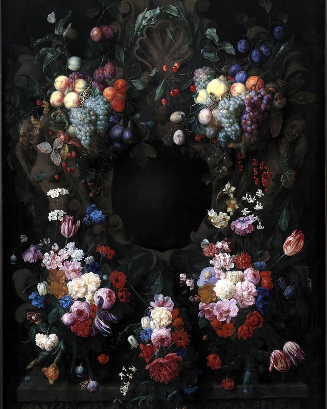 Stone Cartouche with Fruit and Flower Garland by Joris van Son