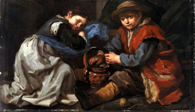 En pige og en dreng, der varmer sig ved et kulbækken by Bernhard Keil