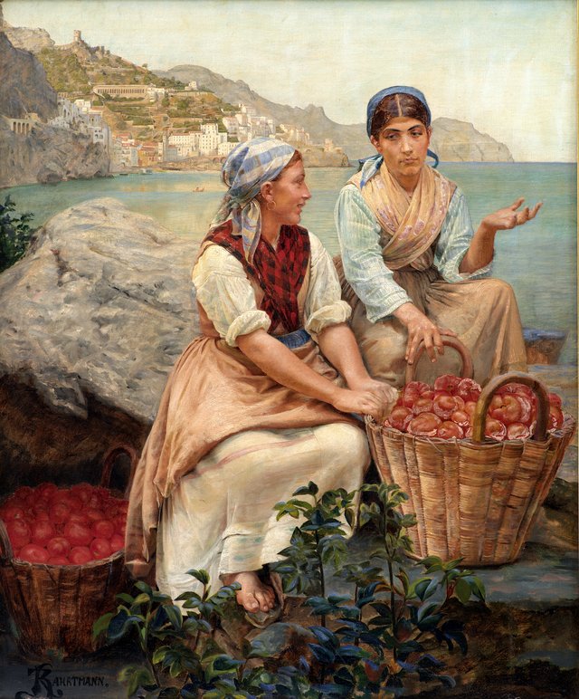 Italian girls with tomatoes in baskets by Kristian Zahrtmann