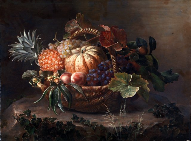 En kurv med frugter på en træstub by Johan Laurentz Jensen
