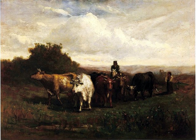 Untitled (man on horseback, woman on foot driving cattle) by Edward Mitchell Bannister