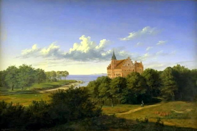 Et landskab med en herregård. Komposition by Thorald Læssøe