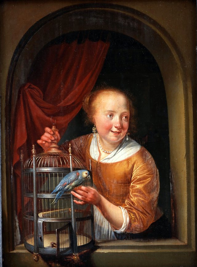 Girl with a Parrot by Pieter Cornelisz van Slingelandt