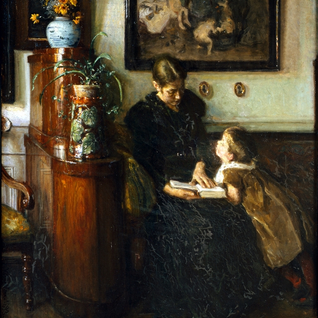 Moder skal læse. Kunstnerens hustru og barn by Viggo Johansen