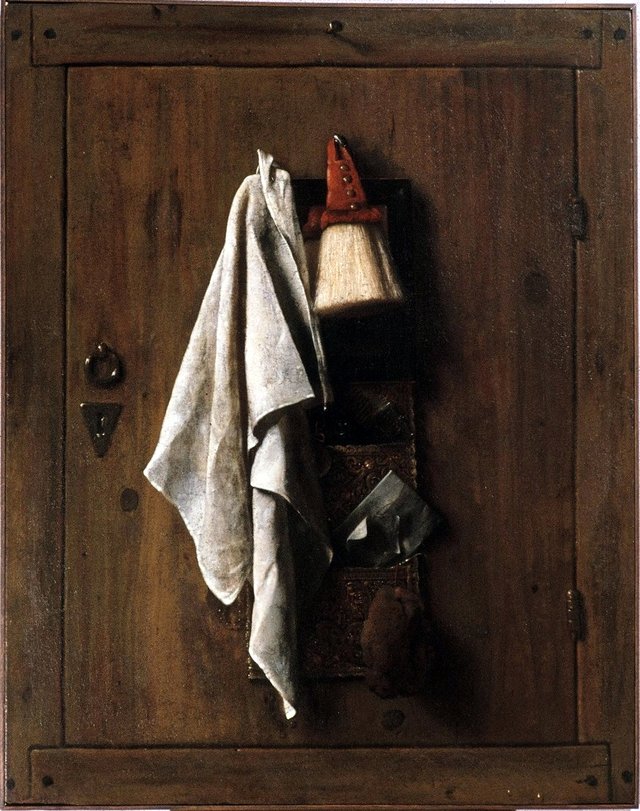 Door with towel brush and letter bag by Samuel van Hoogstraten