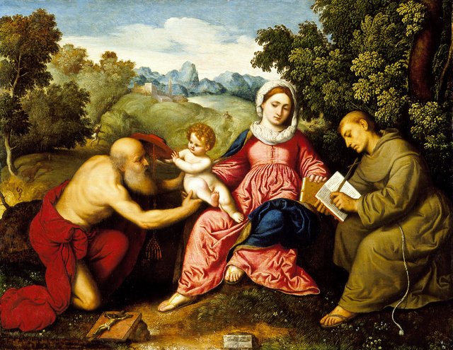 Madonna and Child with Saints Jerome and Francis by Paris Bordone