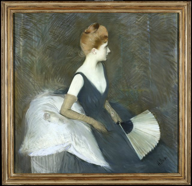 Madame Marthe Letellier Sitting on a Sofa, Holding a Fan by Paul César Helleu