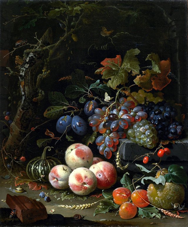 Still Life with Fruits, Foliage and Insects by Abraham Mignon