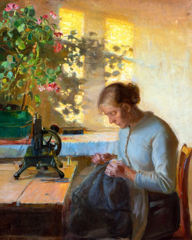 Sewing fisherman's wife by Anna Ancher