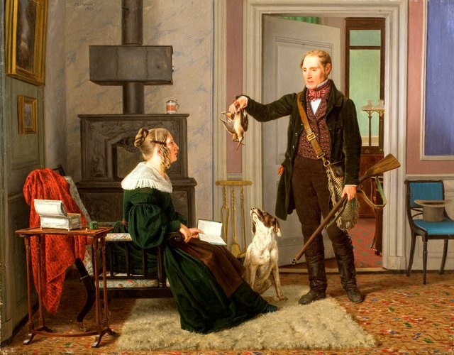 A hunter showing his wife the bag of the first snipe hunt. Portrait of the master of the Royal Hunt Chr. Fr. Zeuthen and his wife, Sophie Hedevig by Martinus Rørbye