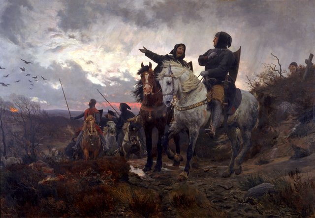 The conspirators ride from Finderup after the murder of Eric Klipping St. Cecilia Night 1286 by Otto Bache