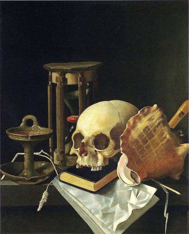 Vanitas Still Life with skull and hourglass by Adriaen Coorte