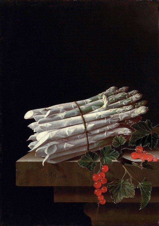 Asparagus and red currants on a stone ledge by Adriaen Coorte