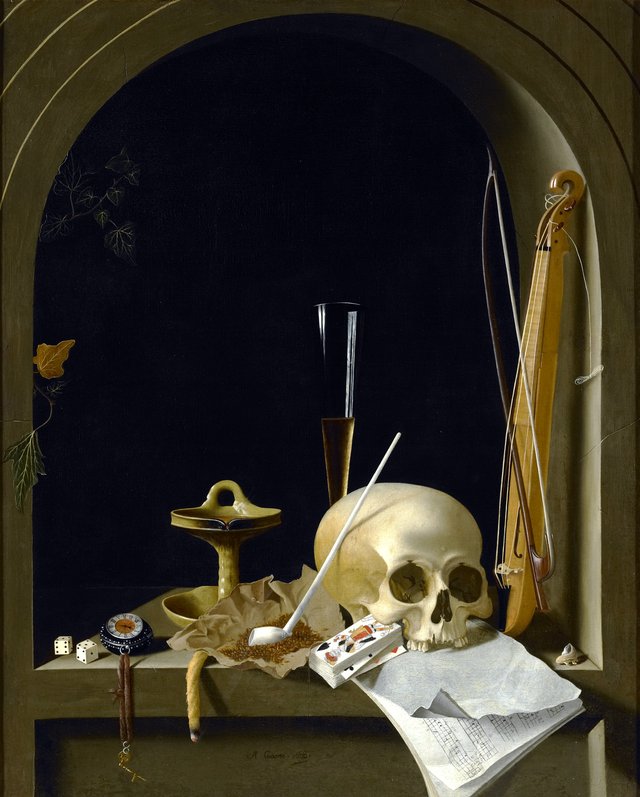 Vanitas still life in a niche by Adriaen Coorte