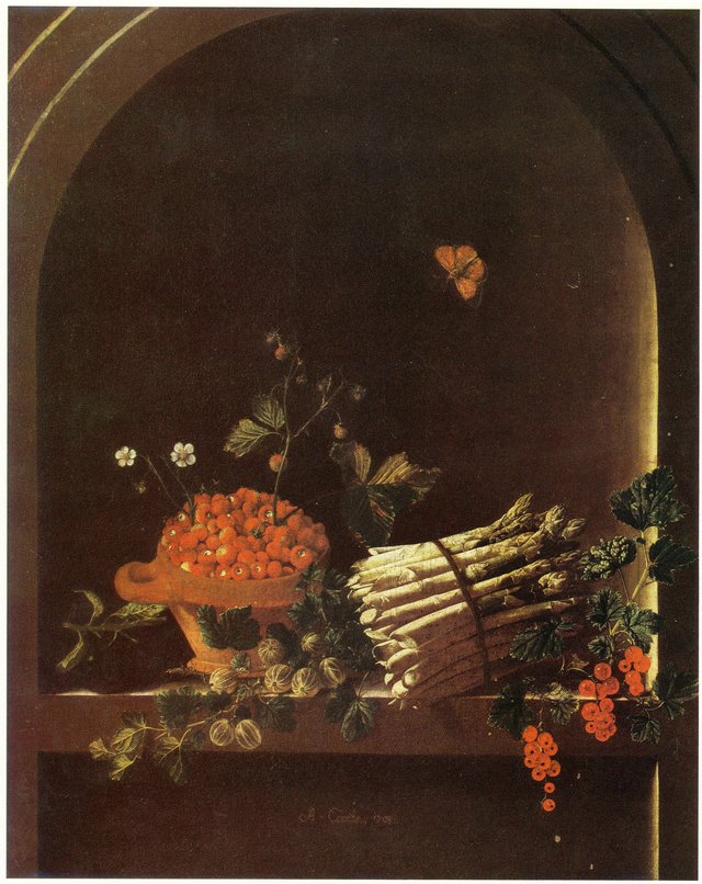 Still Life with Fruit and Asparagus by Adriaen Coorte