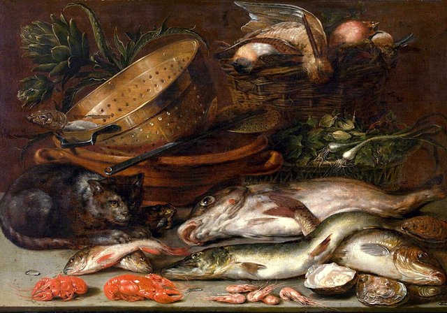 Still life of fish, dead birds, vegetables, kitchenware and a cat by Alexander Adriaenssen