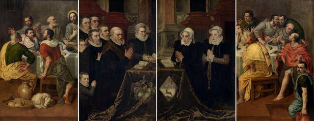 Calvary and the Family of Gillis de Smidt en Maria de Deckere by Adriaen Thomasz. Key
