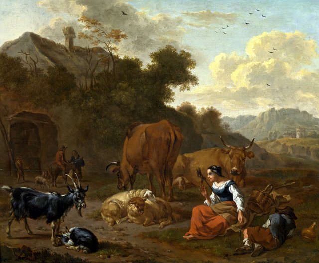 Landscape with a Spinner and Cattle by Dirck van der Bergen