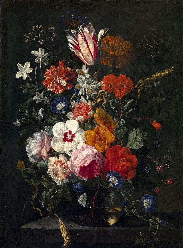 Flowers and a branch of berries in a glass vase on a stone ledge by Abraham Mignon