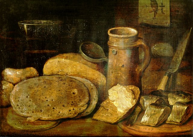 Still life with pottery, herring and pancakes, a print of an owl on the wall by Hieronymous Francken II
