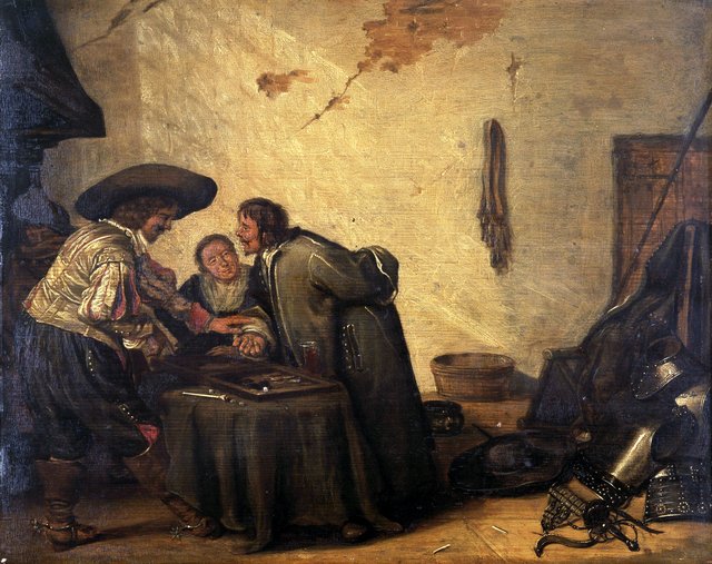 Company playing backgammon in an interior by Pieter Codde