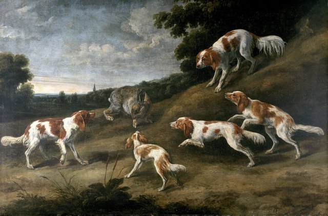 Gun Dogs Surrounding a Rabbit by Pieter Boel