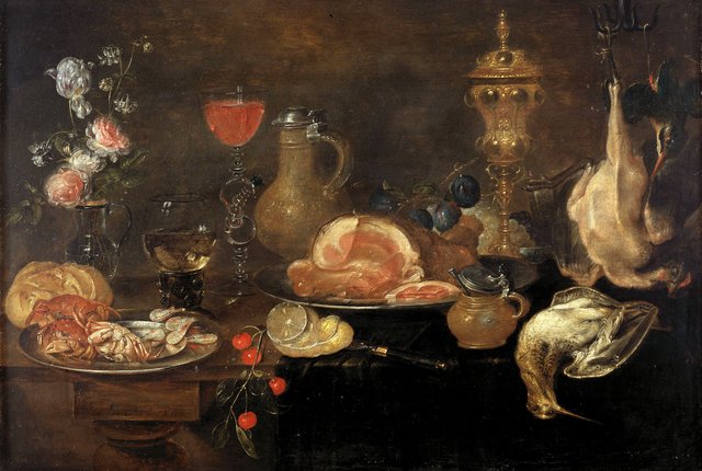 Still life with flowers, ham, game, shellfish and fruit by Alexander Adriaenssen