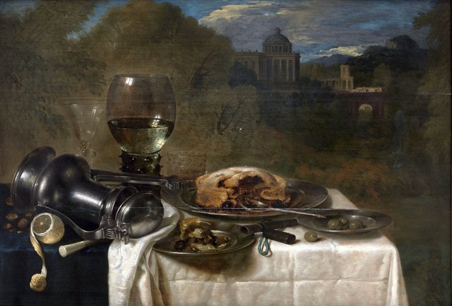 Still life with laid table in a landscape by Willem Claesz. Heda