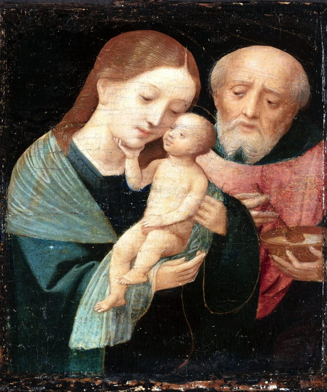 Holy Family with St. Joseph holding a bowl by Master of the Female Half-Lengths