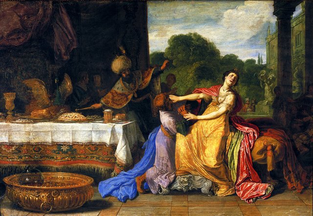 Haman begging Esther for mercy by Pieter Lastman