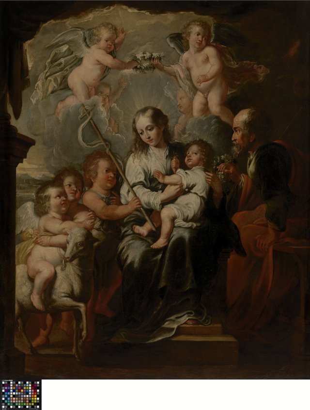 De heilige familie omringd door engelen by Erasmus Quellinus II